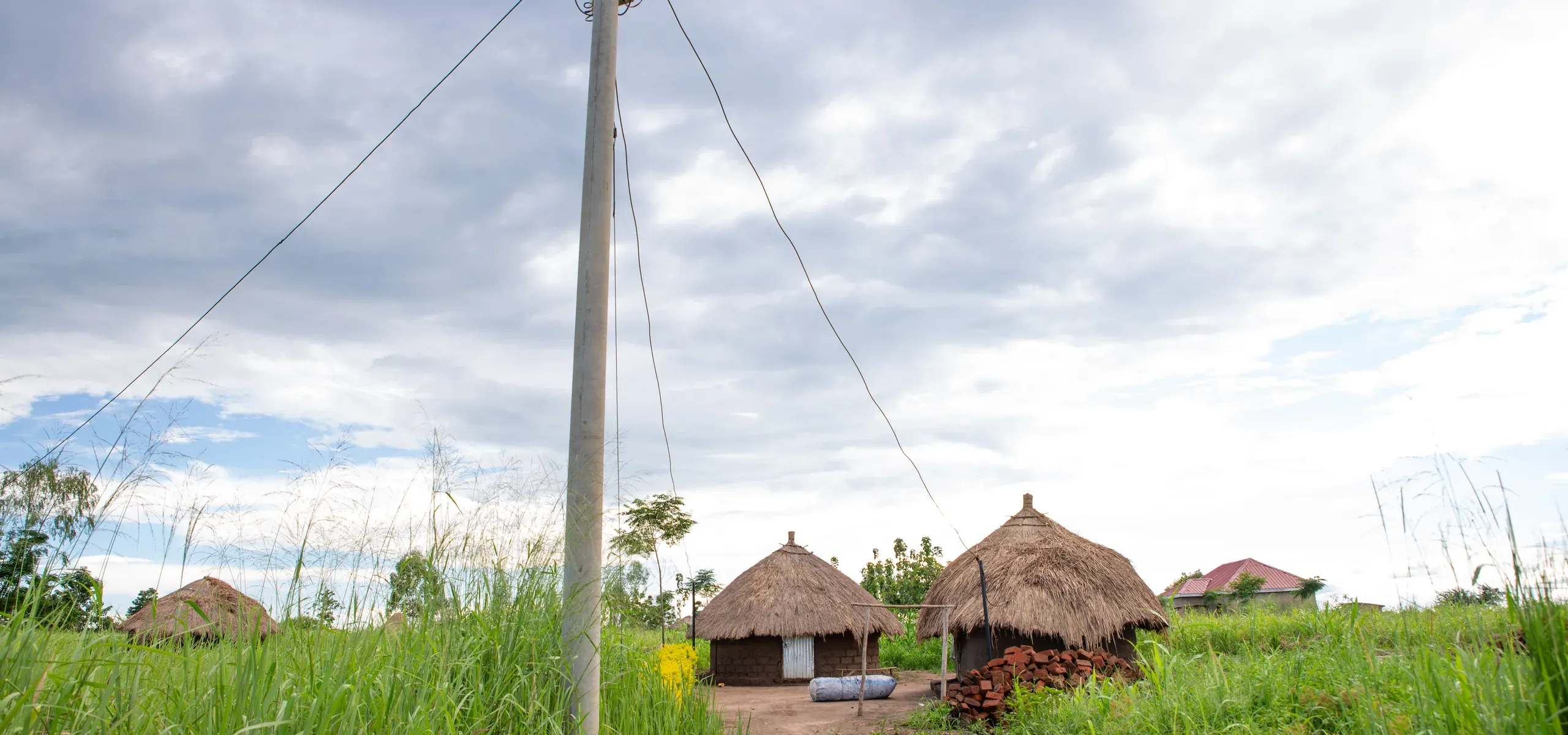 A distribution line running past thatched homesteads near Got Ngur
